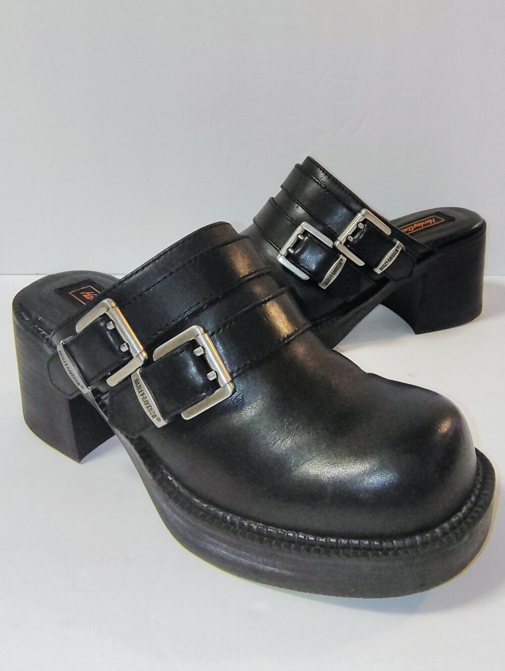Harley-Davidson VTG Women's Leather Slip-On Buckle Block Heel Chunky Mules Black